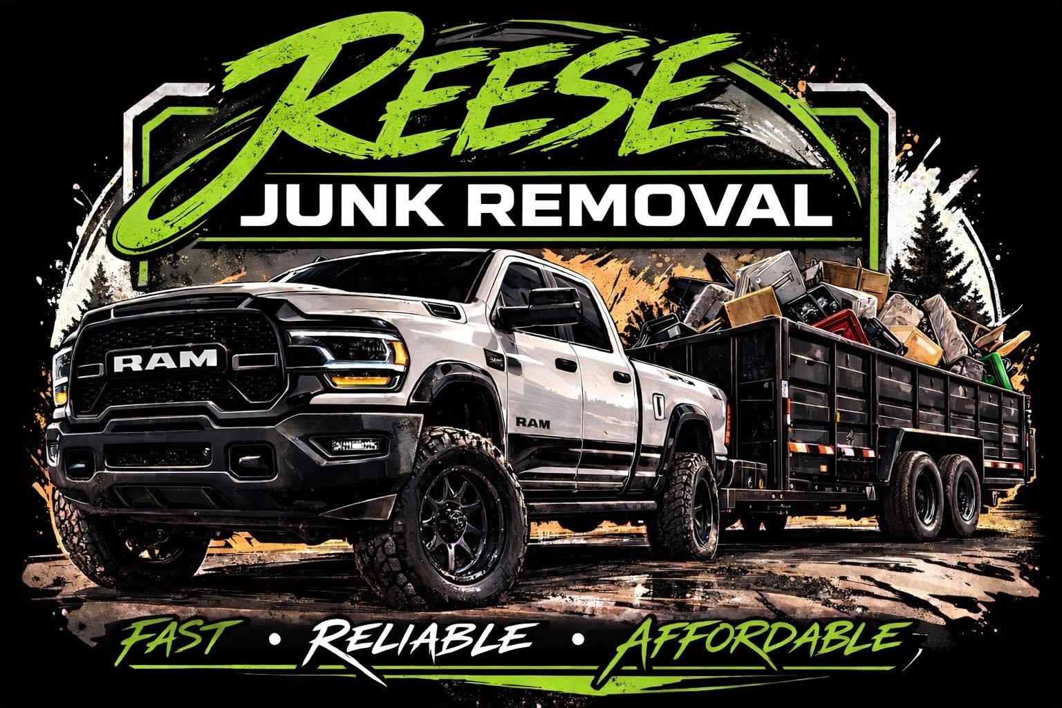Reese Junk Removal truck and dump trailer loaded with hauled junk